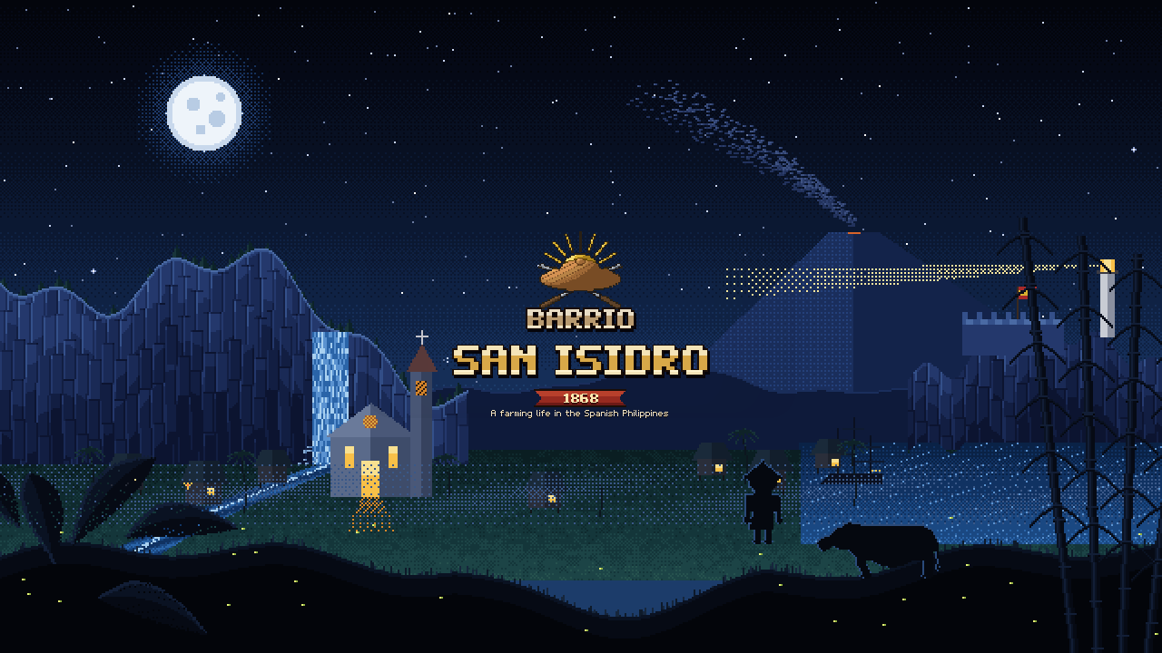 Barrio San Isidro 1868 title art: a village church under a full moon, a farmer and a carabao by the river, and a volcano in the distance